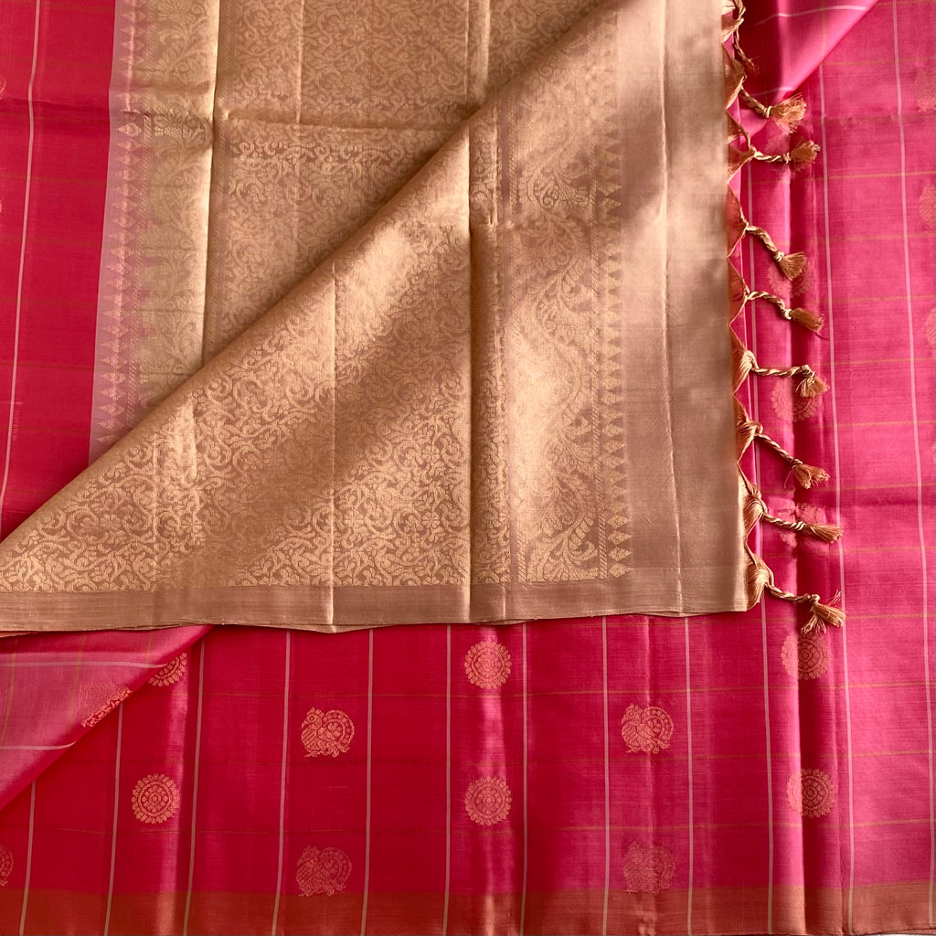 Sorbet Pink Checketed Designer Pure Silk With Peach Gold Pallu