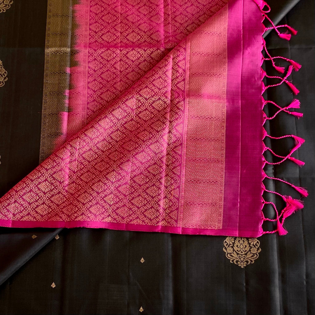 Jet Black Designer Pure Silk Saree With Rani Pink Pallu