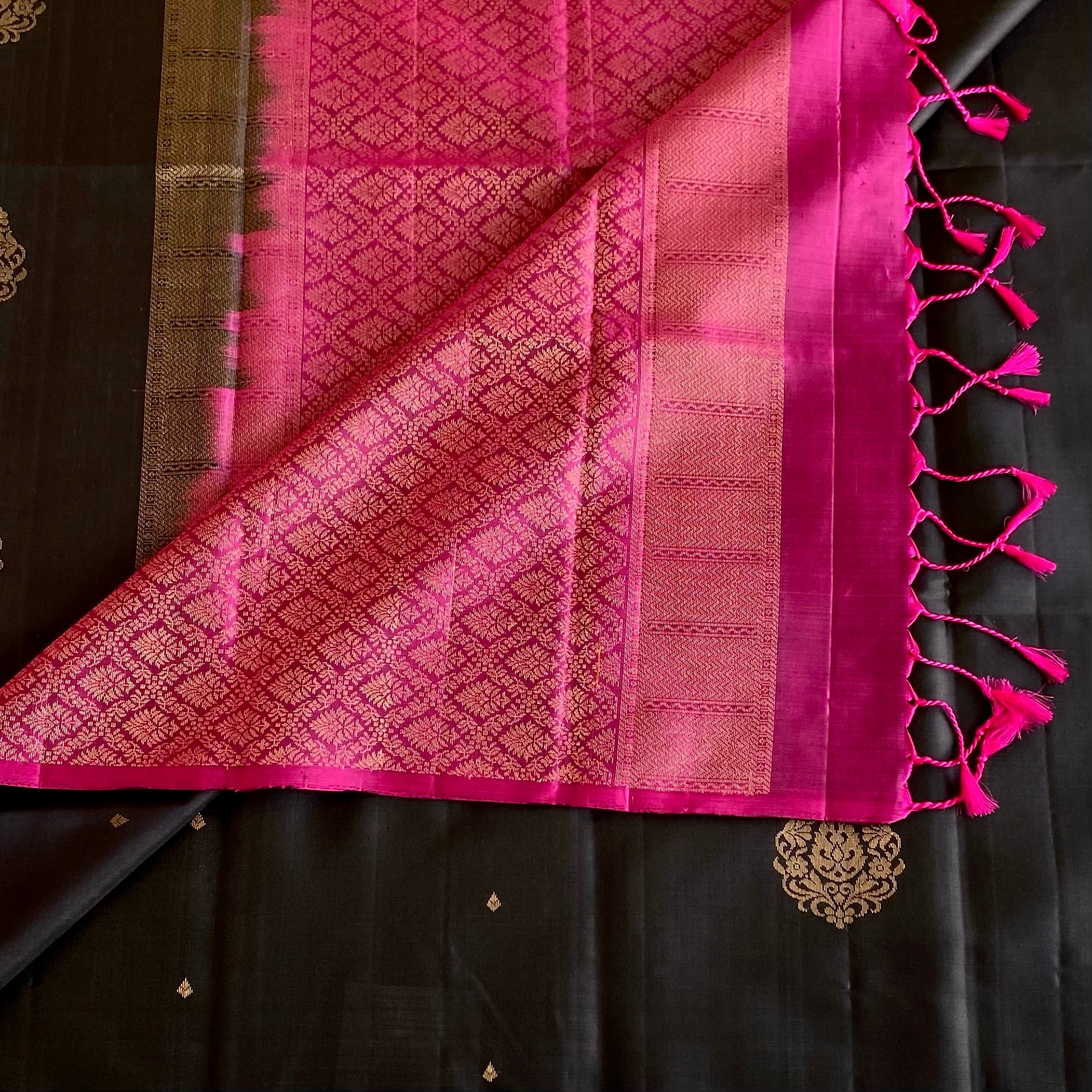 Jet Black Designer Pure Silk Saree With Rani Pink Pallu