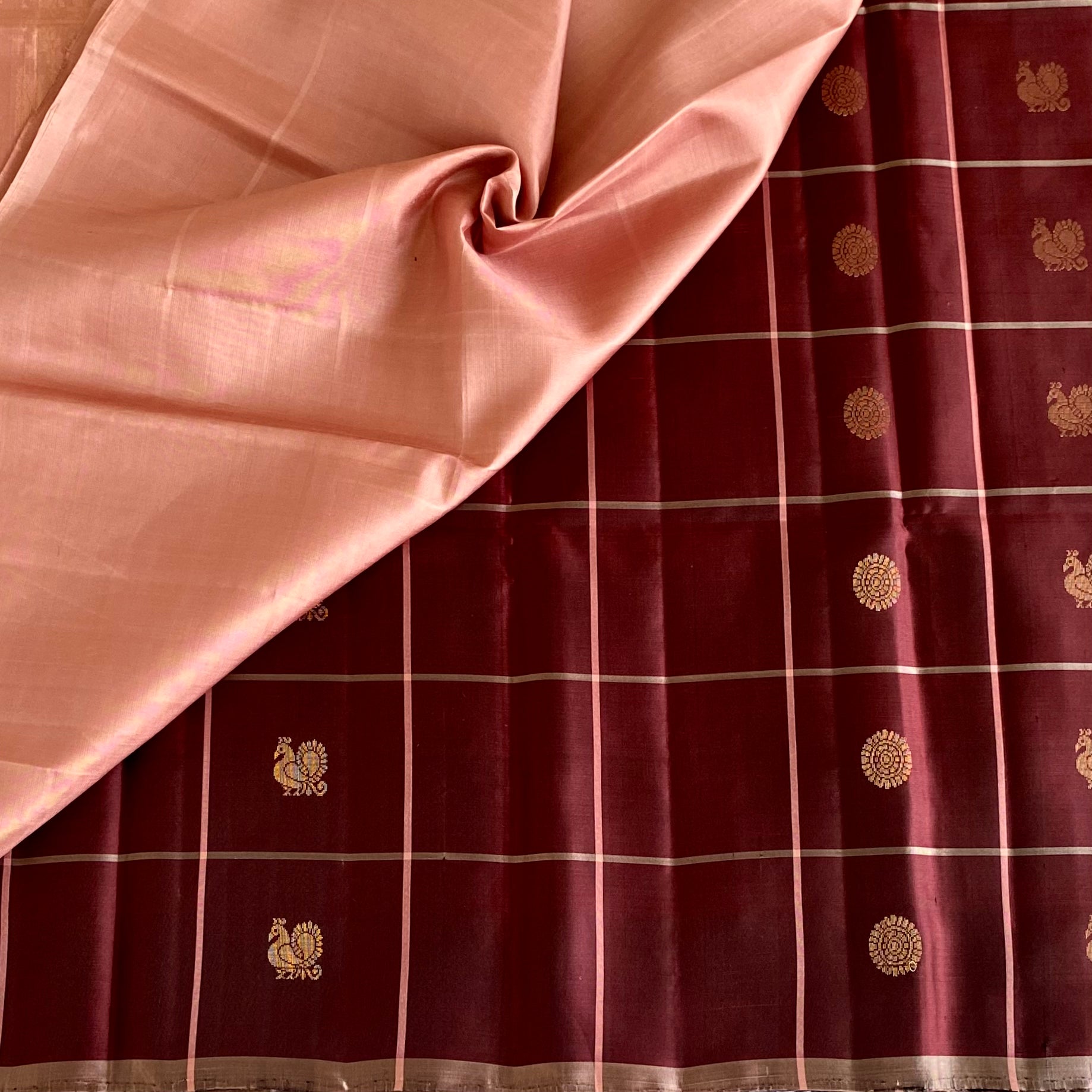 Burgundy Designer Pure Silk Saree With Dusty Rose Pallu And Gold Buttas