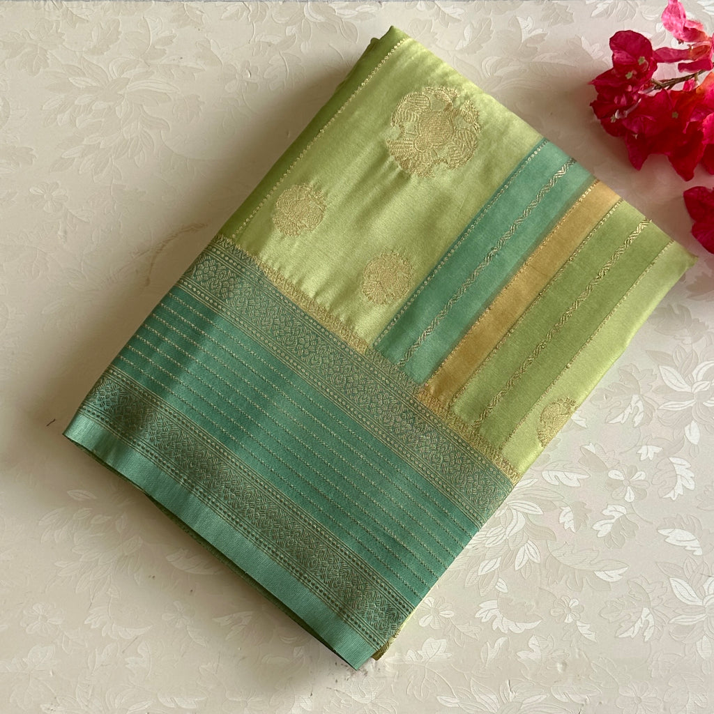 Shades Of Lime n Green Soft Crepe Silk With Designer Gandaberunda Buttas