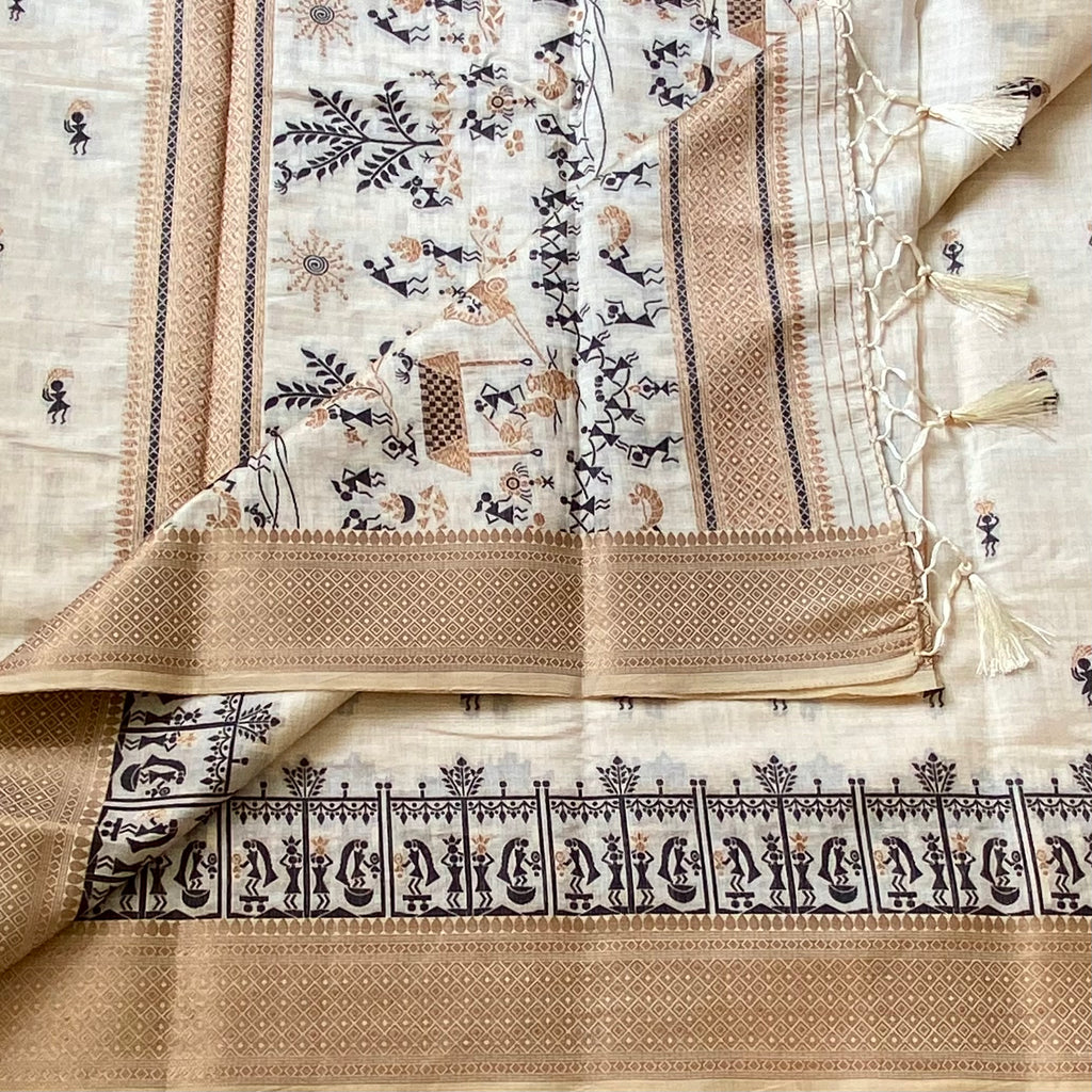 Ivory Handloom Cotton Saree with Tan Border and Folk Prints