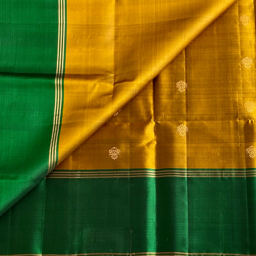 Mustard Gold Designer Pure Silk with Classic Emerald Green Contrast
