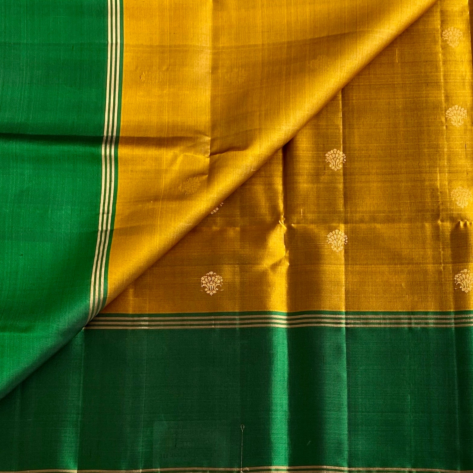 Mustard Gold Designer Pure Silk with Classic Emerald Green Contrast