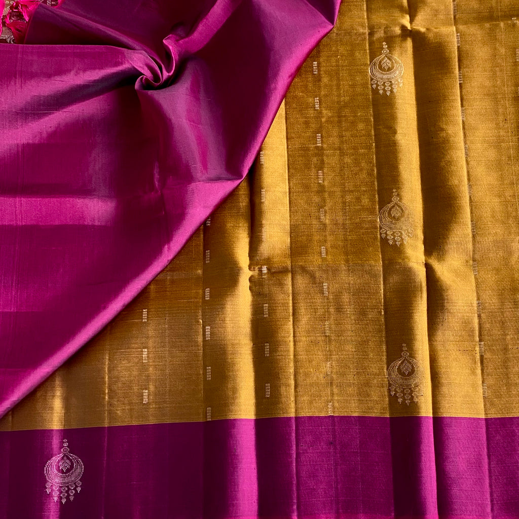 Rani Pink Designer Pure Silk Saree With Temple Gold Border