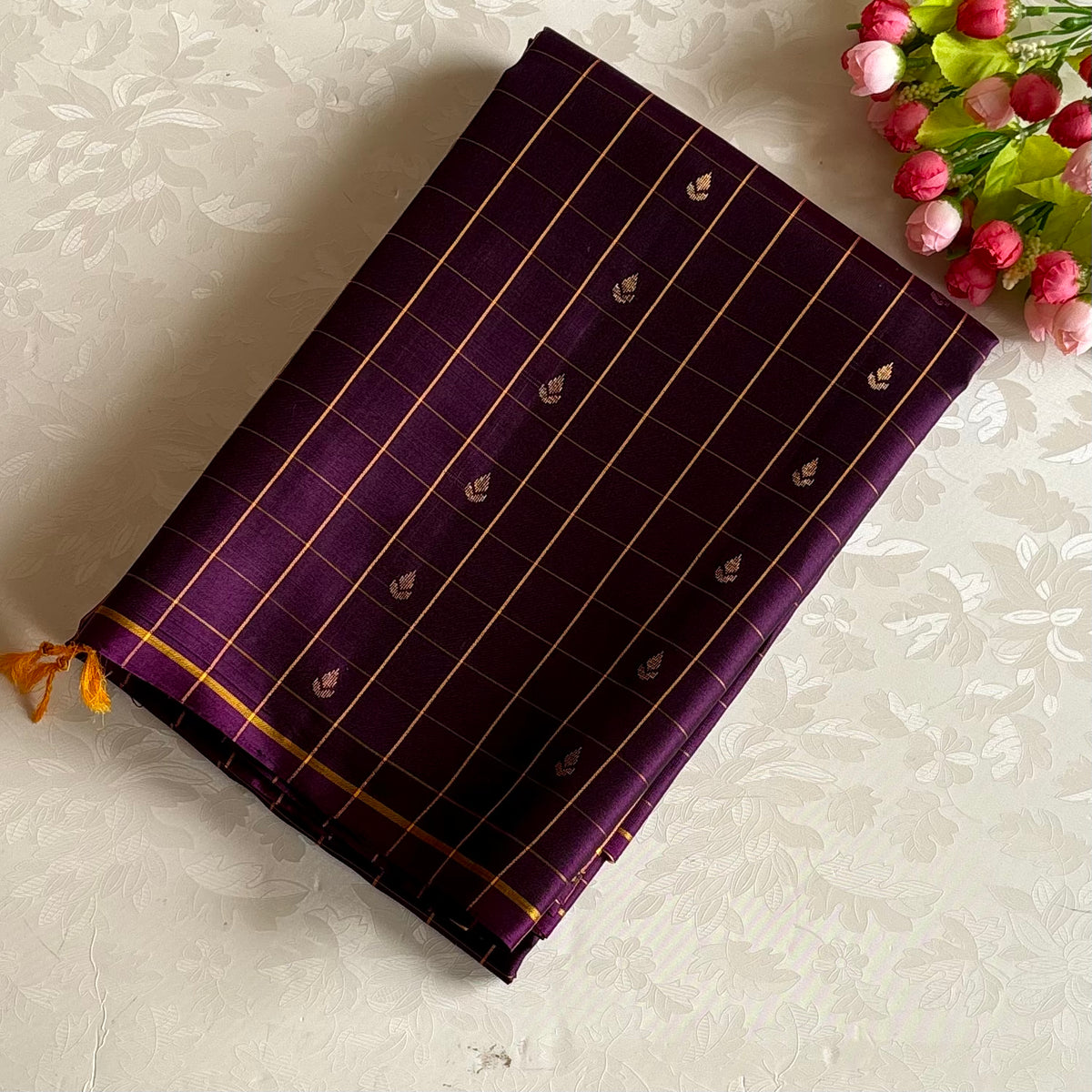 Deep Purple Checkered Designer Pure Silk Saree With Sunset Yellow Pallu