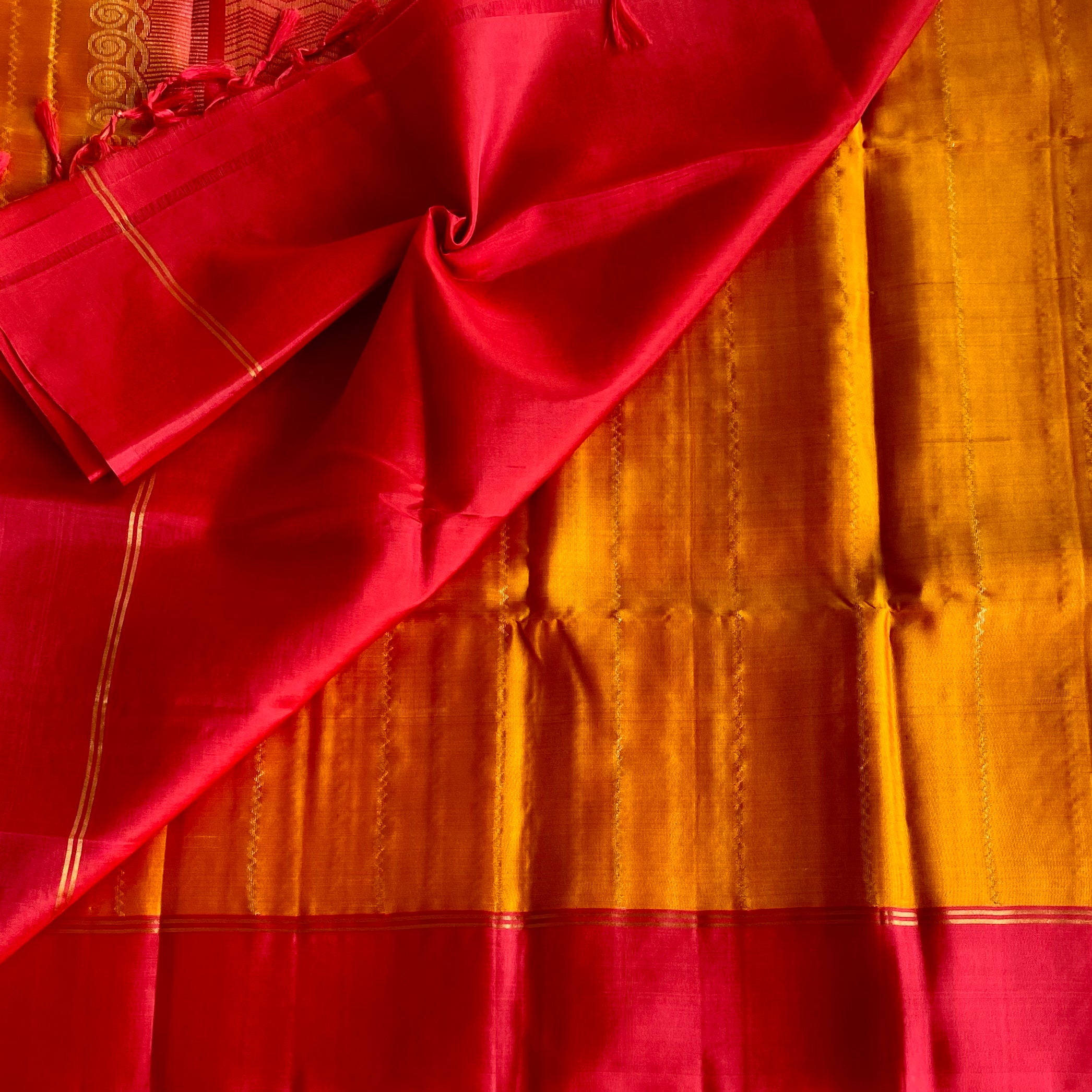 Rani Pink Designer Pure Silk Saree With Saffron Orange Pallu