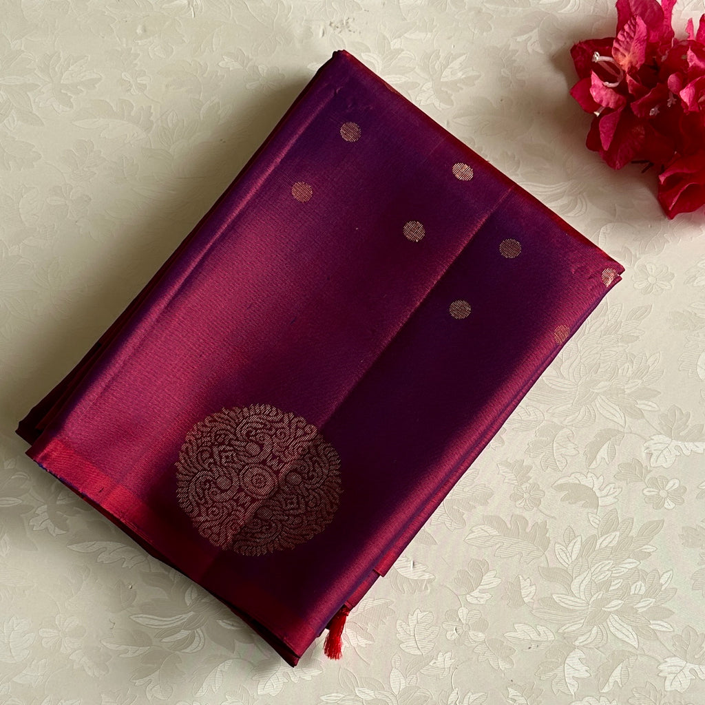 Deep Magenta Designer Pure Silk Saree With Gold Pallu Panels