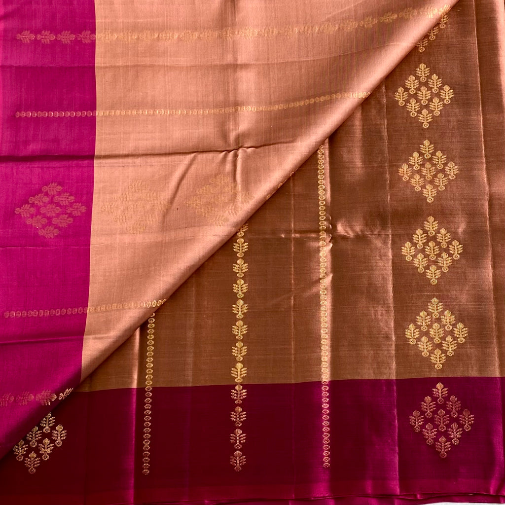 Copper Brown Designer Pure Silk With Deep Magenta Pallu