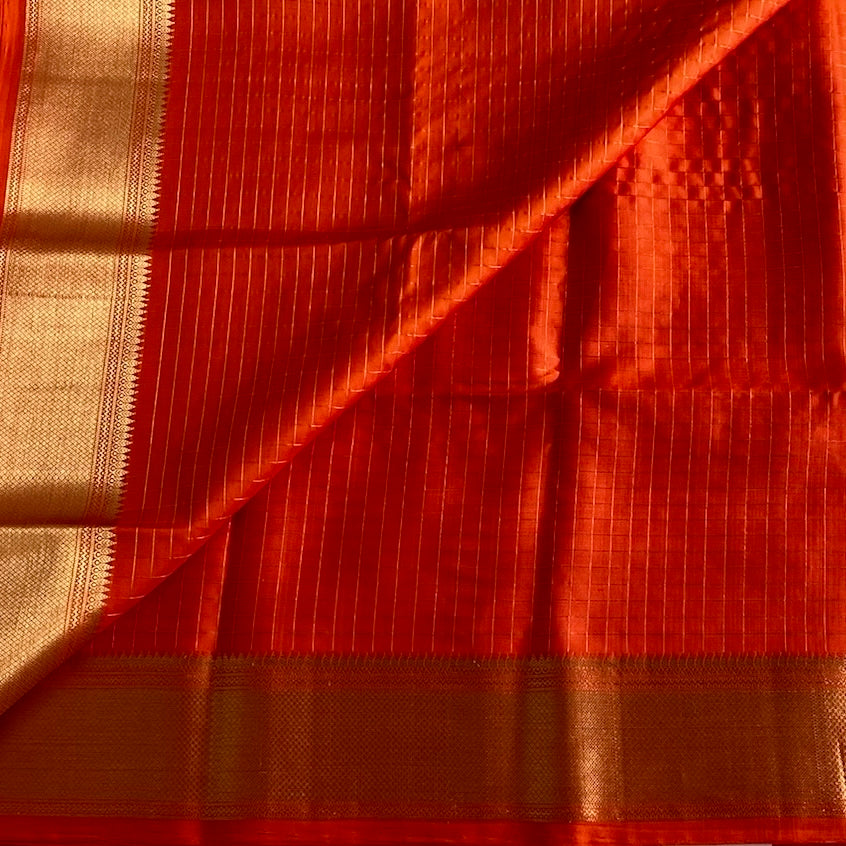 Saffron Orange Micro Checkered Designer Pure Silk with Gold Border