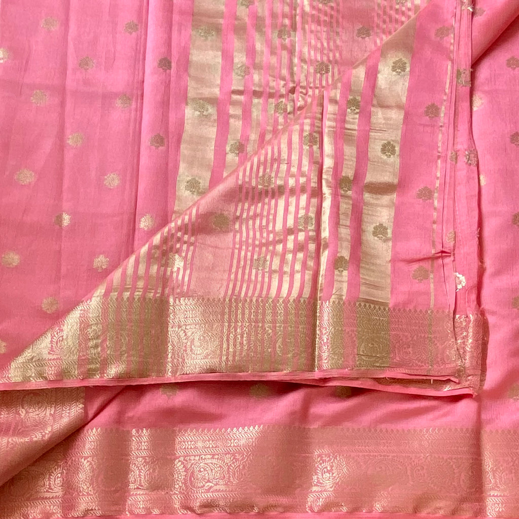 Rose Pink Banarasi Silk Saree With Gold Zari Border Traditional
