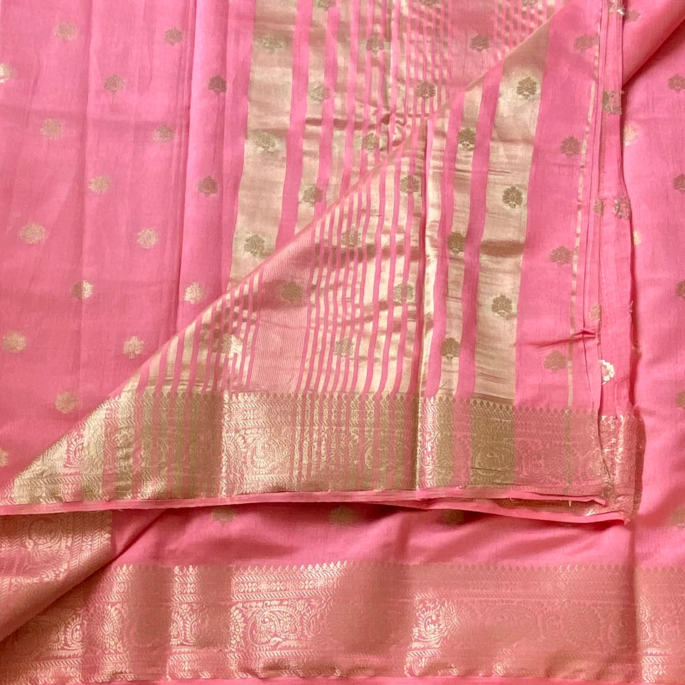 Rose Pink Banarasi Silk Saree With Gold Zari Border Traditional