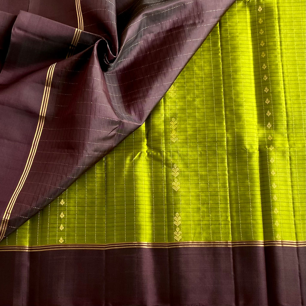 Olive Green Designer Pure Silk Saree With Chocolate BrownPallu