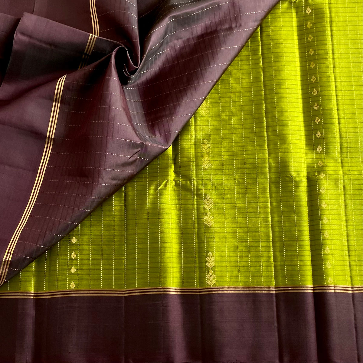 Olive Green Designer Pure Silk Saree With Chocolate BrownPallu