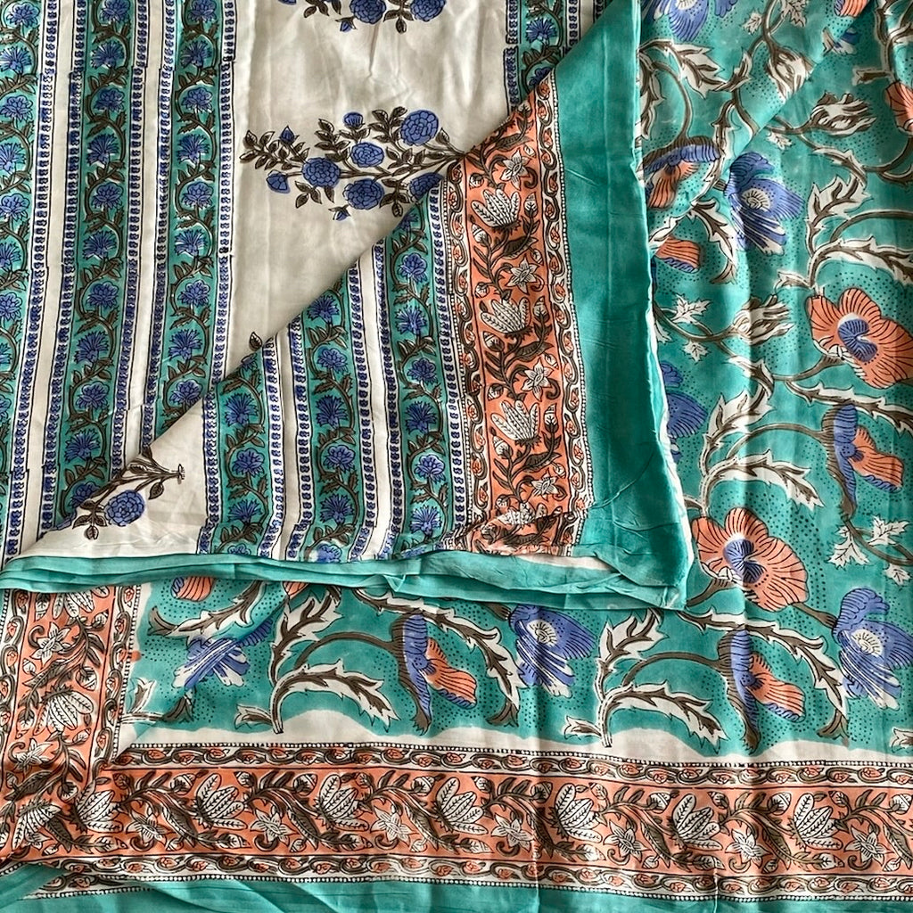 Ivory Turquoise Ajrakh Block Printed Silk With Turquoise And Leaf Border