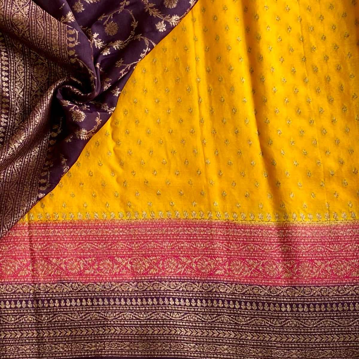 Tri Colour Sunflower Yellow Purple And Rose Pink Banarasi Crepe Silk Saree With Gold Zari