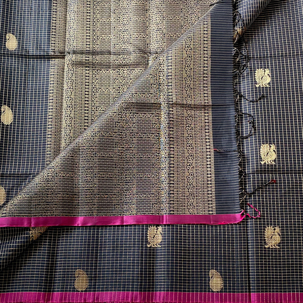 Black zari checkered pure silk with peacock & paisley motifs