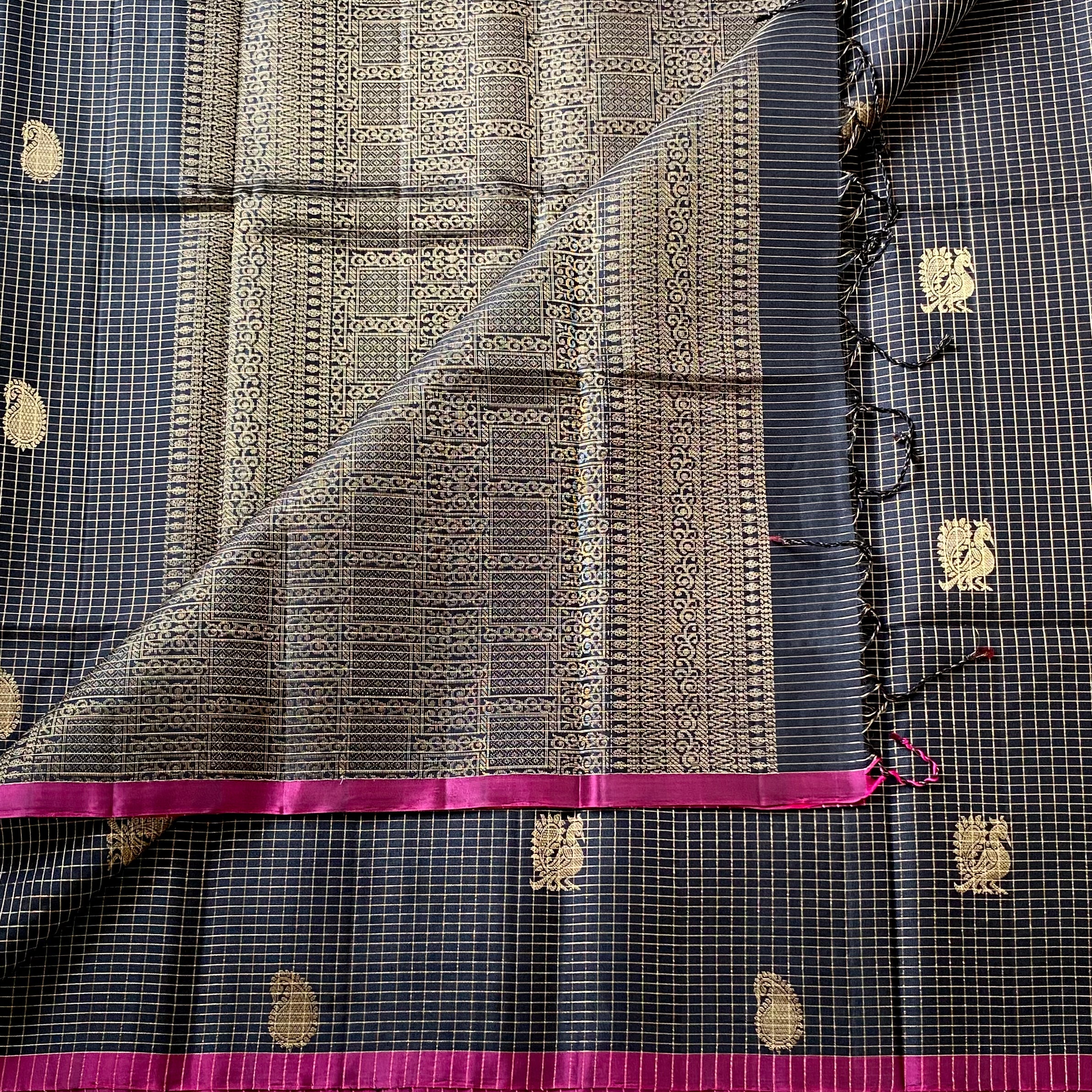 Black zari checkered pure silk with peacock & paisley motifs