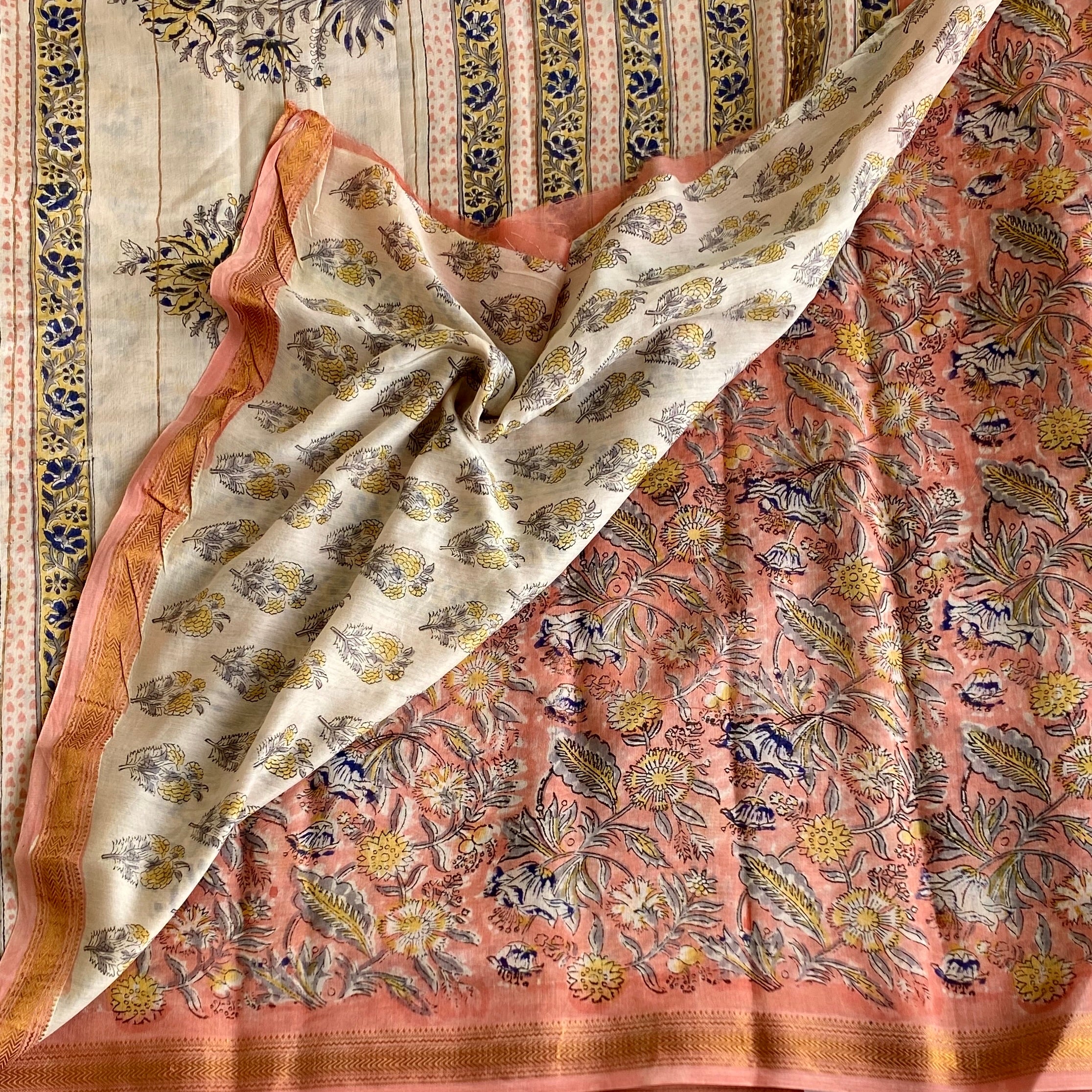 Peach Coral Soft Tussar Silk Saree With Ivory Cream Pallu