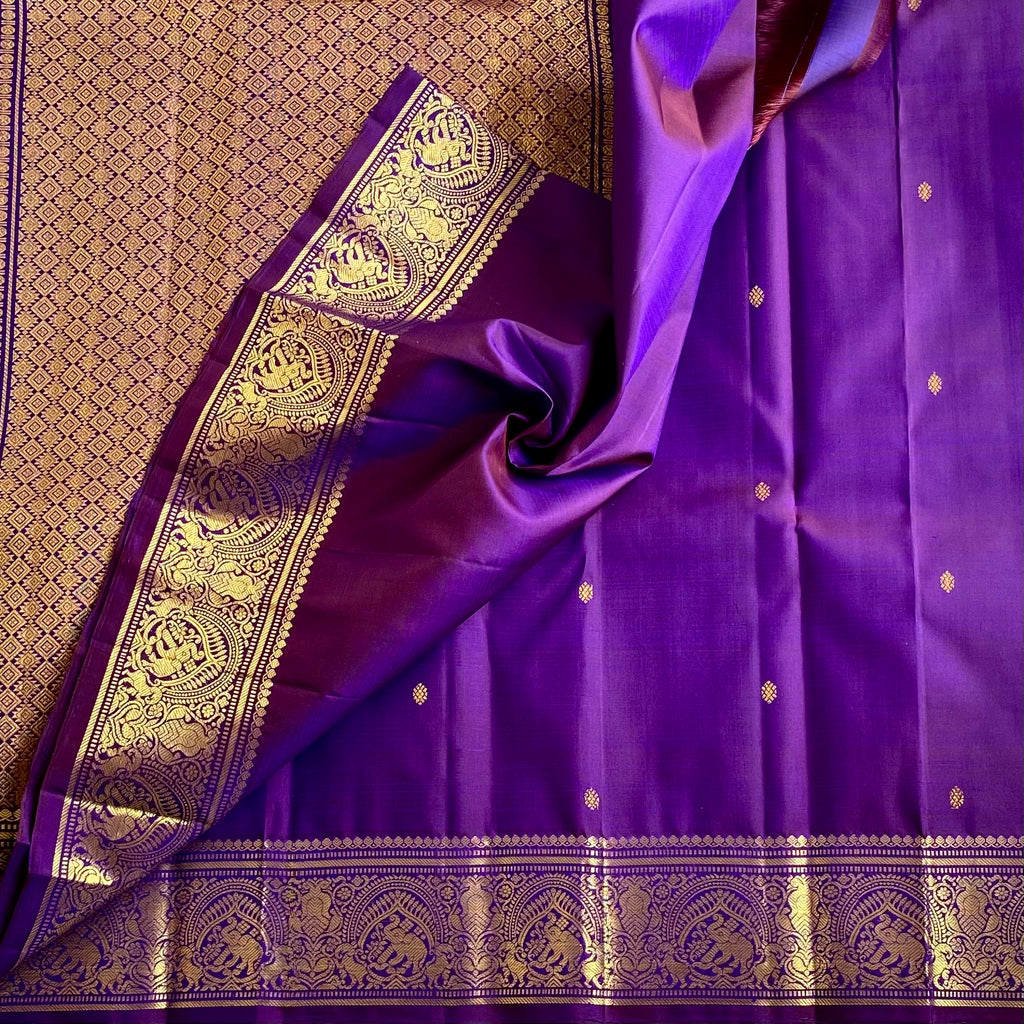 Royal Purple Kanjeevaram Pure Zari Silk Saree With Classic Gold Medallion Border