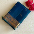 Peacock Blue Designer Pure Silk Saree With Twin Butta Antique Gold Zari