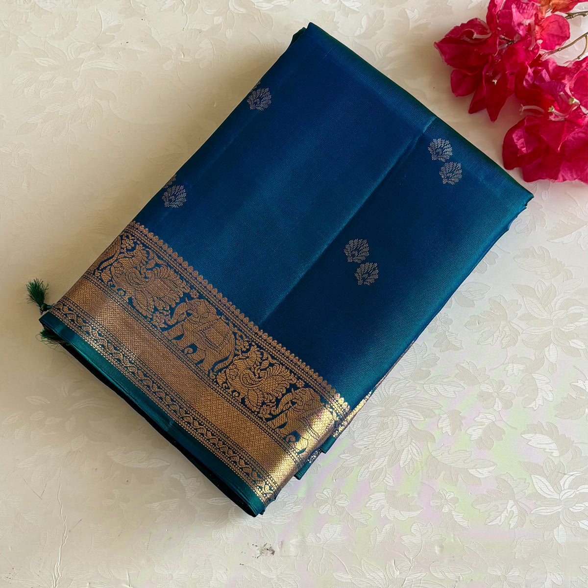 Peacock Blue Designer Pure Silk Saree With Twin Butta Antique Gold Zari