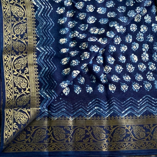 AJRAKH HANDBLOCK PRINTED SILK Tussar Deep Navy Blue Metallic Gold Saree