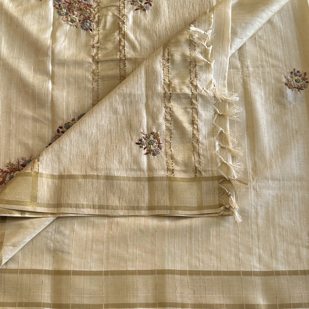 Elegant Ivory Silk Embroidered Saree With Gold Border Traditional Wear