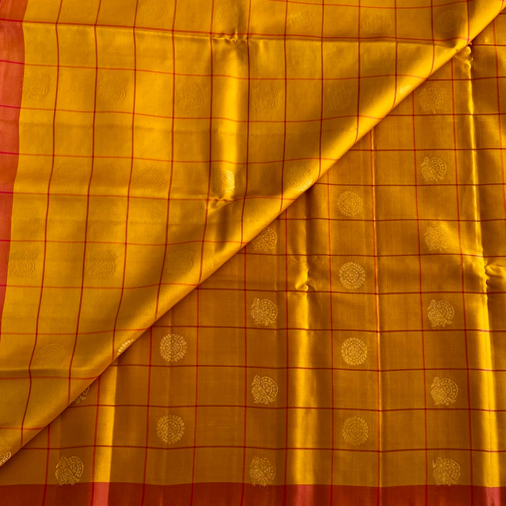 Mustard Yellow Designer Pure Silk Checkered Beauty With Pinkish Red Pallu