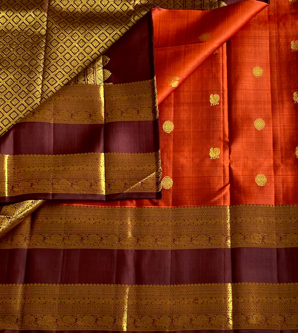 Deep vintage rust with wine brown retta pett designer Kanjeeram silk