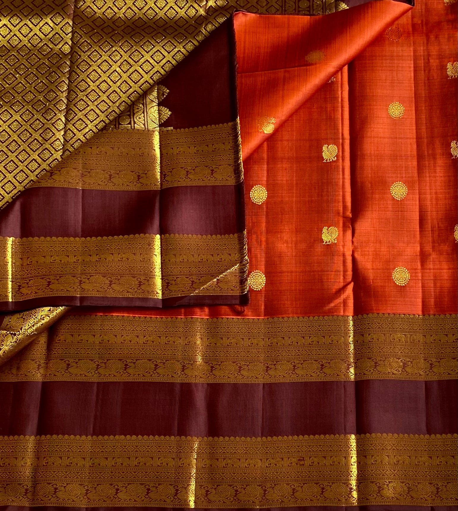 Deep vintage rust with wine brown retta pett designer Kanjeeram silk