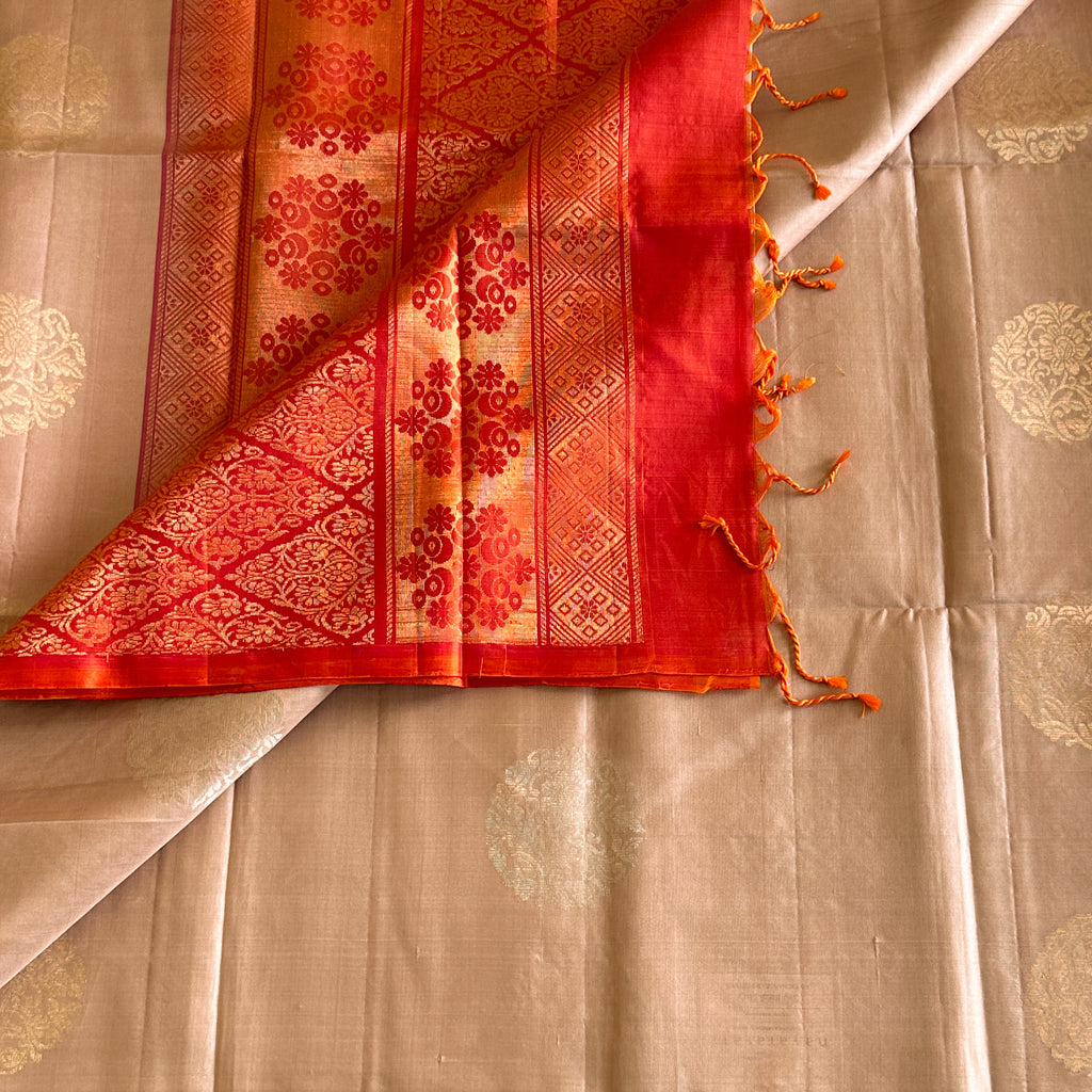 Classy Champagne Beige with Sunset Orange Pure Silk Saree