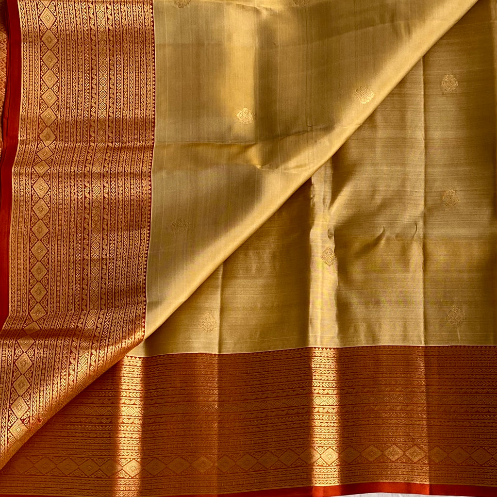 Deep Beige-Gold Designer Pure Silk Saree With Crimson Red Pallu