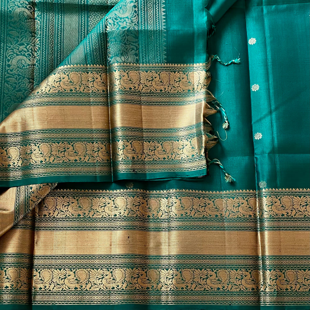 Emerald Green Designer Pure Silk Saree Metallic Gold Zari Border