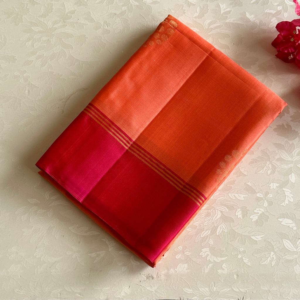 Sorbet Peach Designer Pure Silk With Rose Pink Contrast Pallu