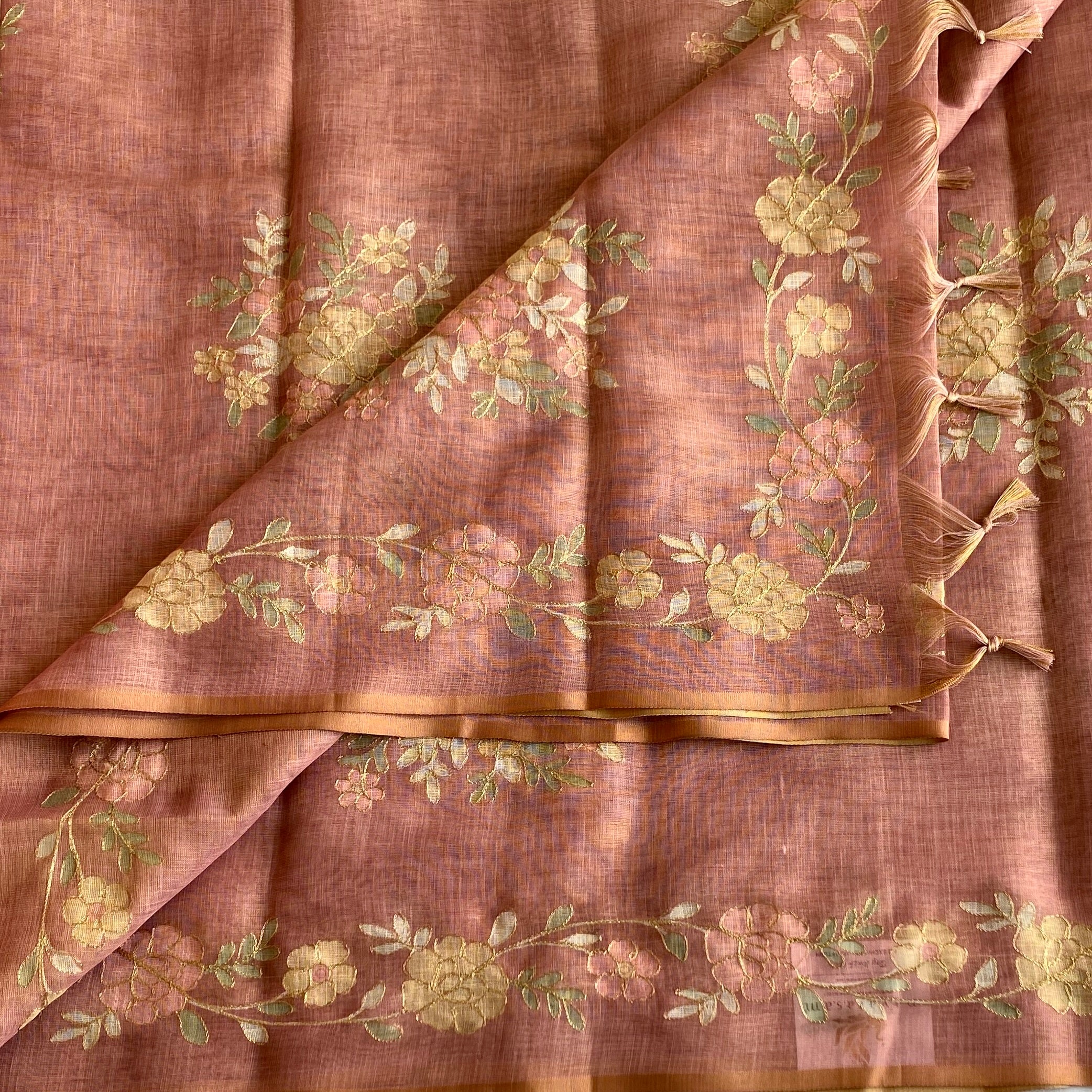 Dusty Rose Soft Tussar Silk Saree With Embroidered Designer Borders n Pallu