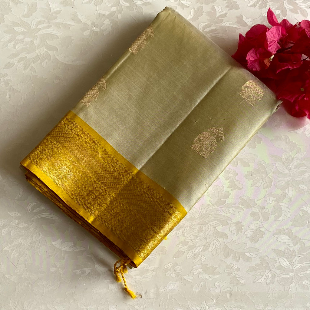 Classy Beige Designer Pure Silk Saree With Golden Yellow Pallu