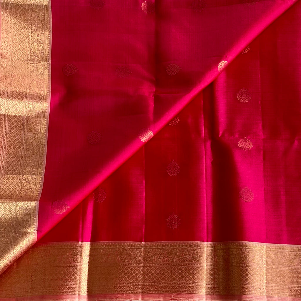 Rani Pink Designer Pure Silk Saree Peach Gold Pallu Zari Border