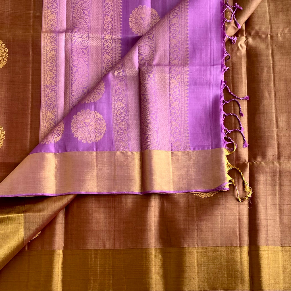 Rare Bronze Brown Designer Pure Silk Saree With Orchid Lavender Pallu