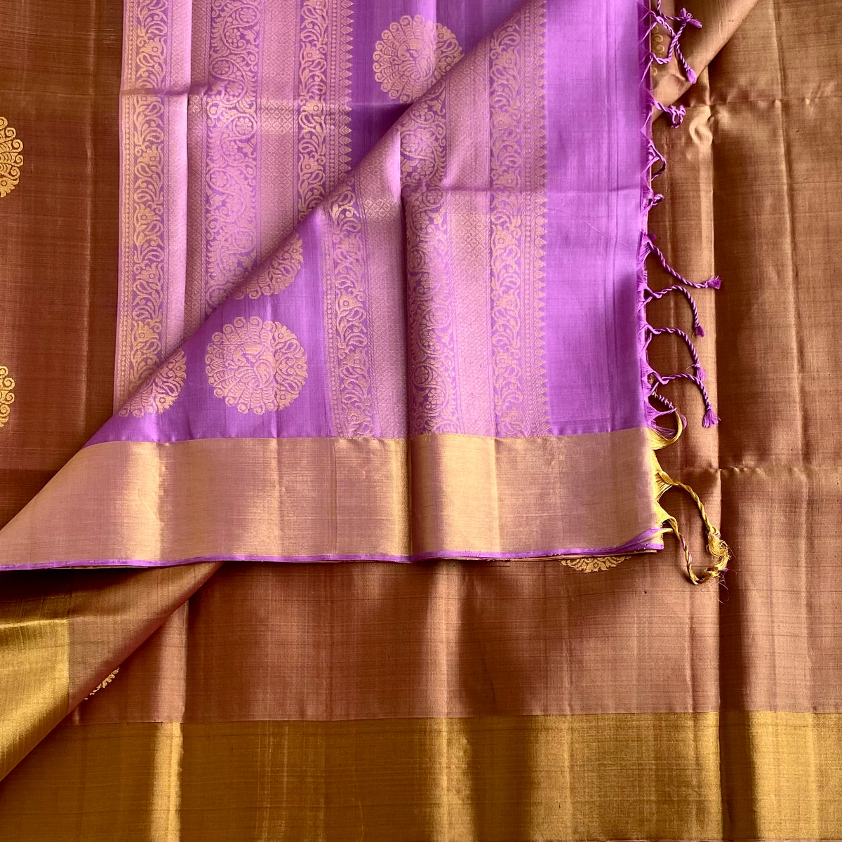 Rare Bronze Brown Designer Pure Silk Saree With Orchid Lavender Pallu