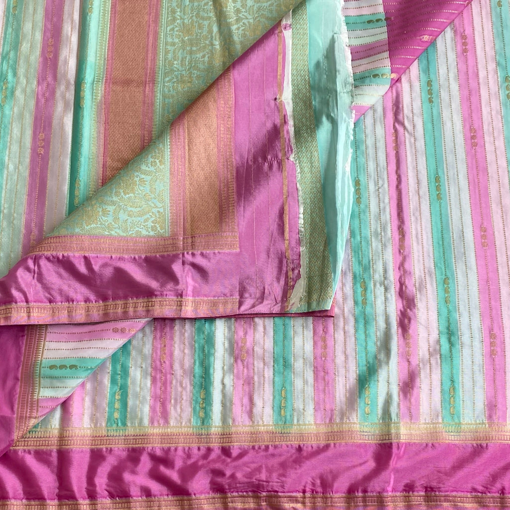Mint Green, White and Pink Striped Soft Tussar Silk Saree With Rani Pink Border Gold Brocade