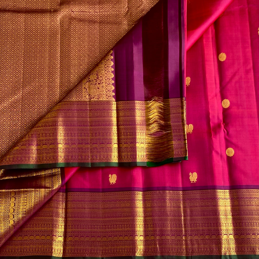 Rich Rani Pink Pure Zari Kanjeevaram With Wine Purple