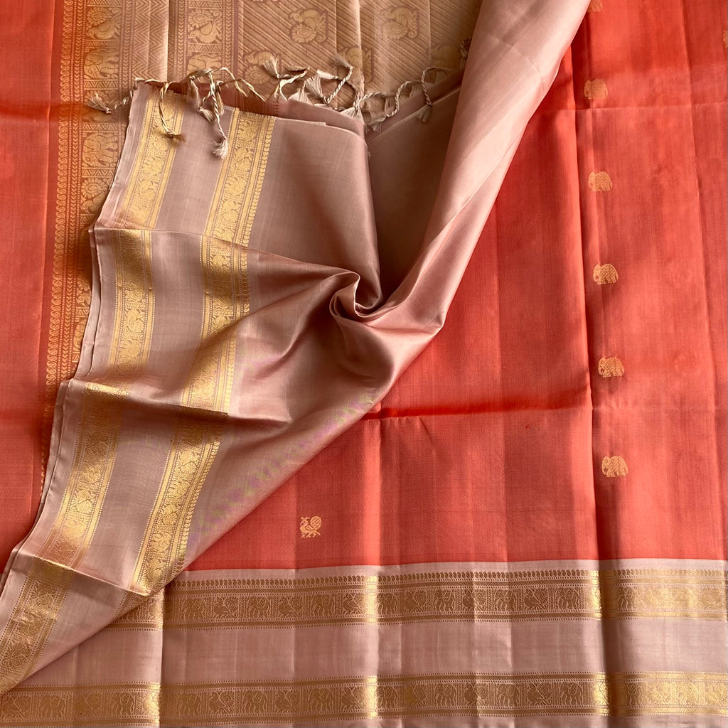 Coral Orange Designer Pure Silk Saree With Dusty Rose Pallu