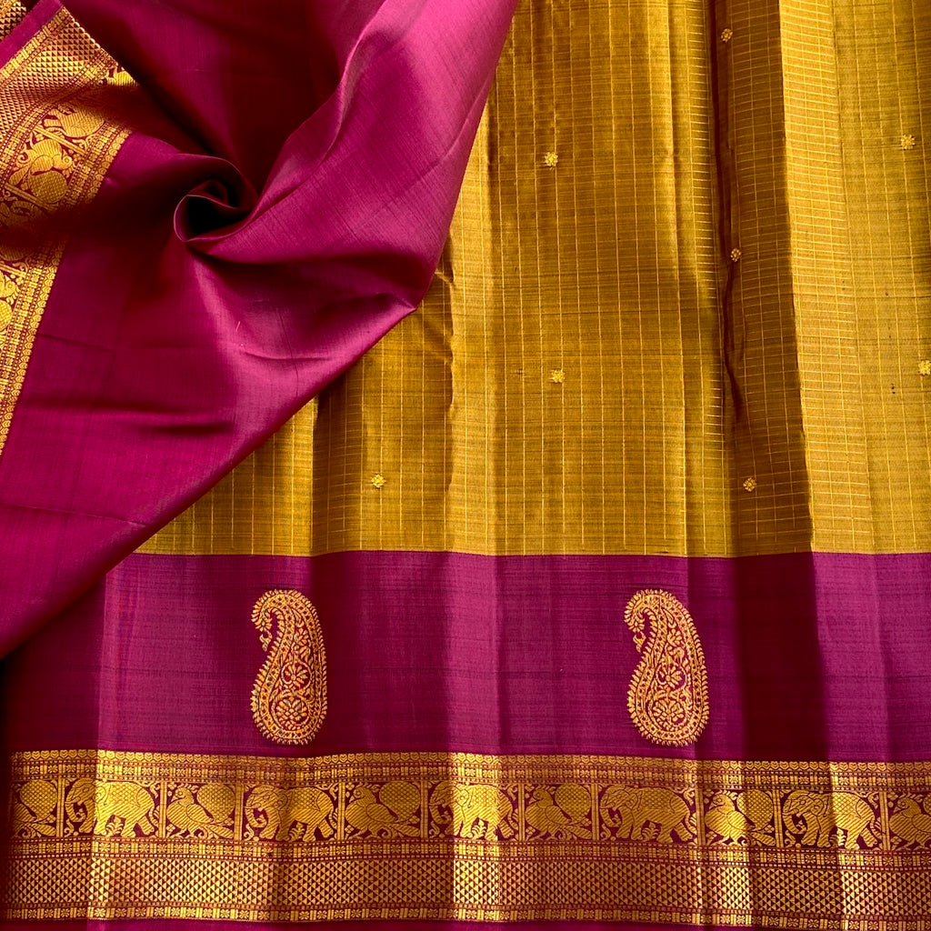 Mustard Gold & Deep Magenta Kanjeevaram Pure Zari Silk With intricate
