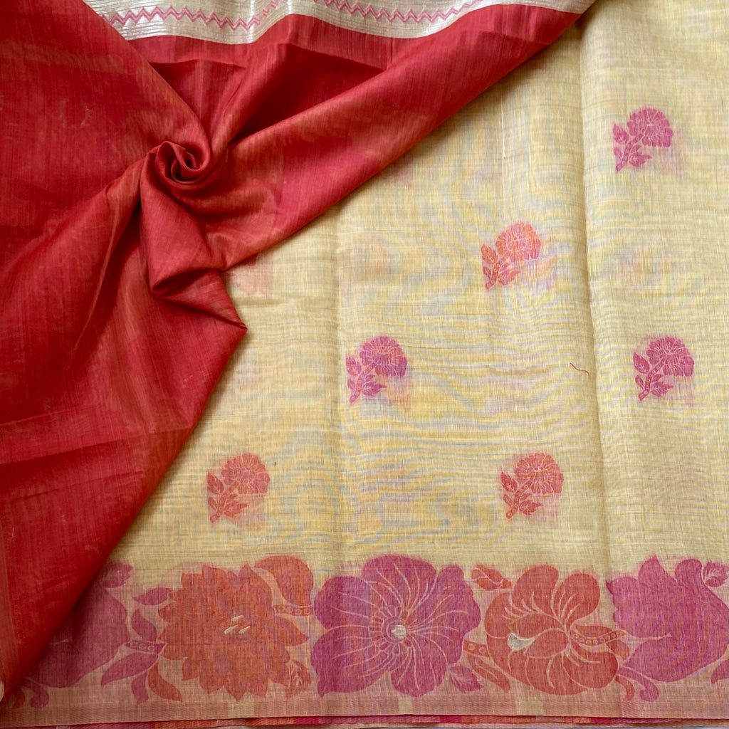 Light Mustard Floral Saree Peach Pink Pallu Yellow Tassels Soft