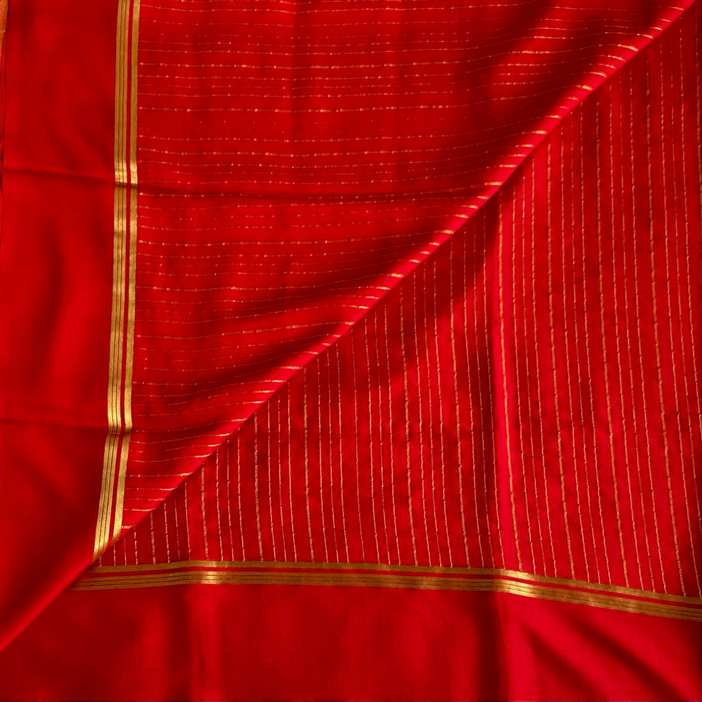 Crimson Red Mysore Crepe Silk Saree With Metallic Gold Stripes
