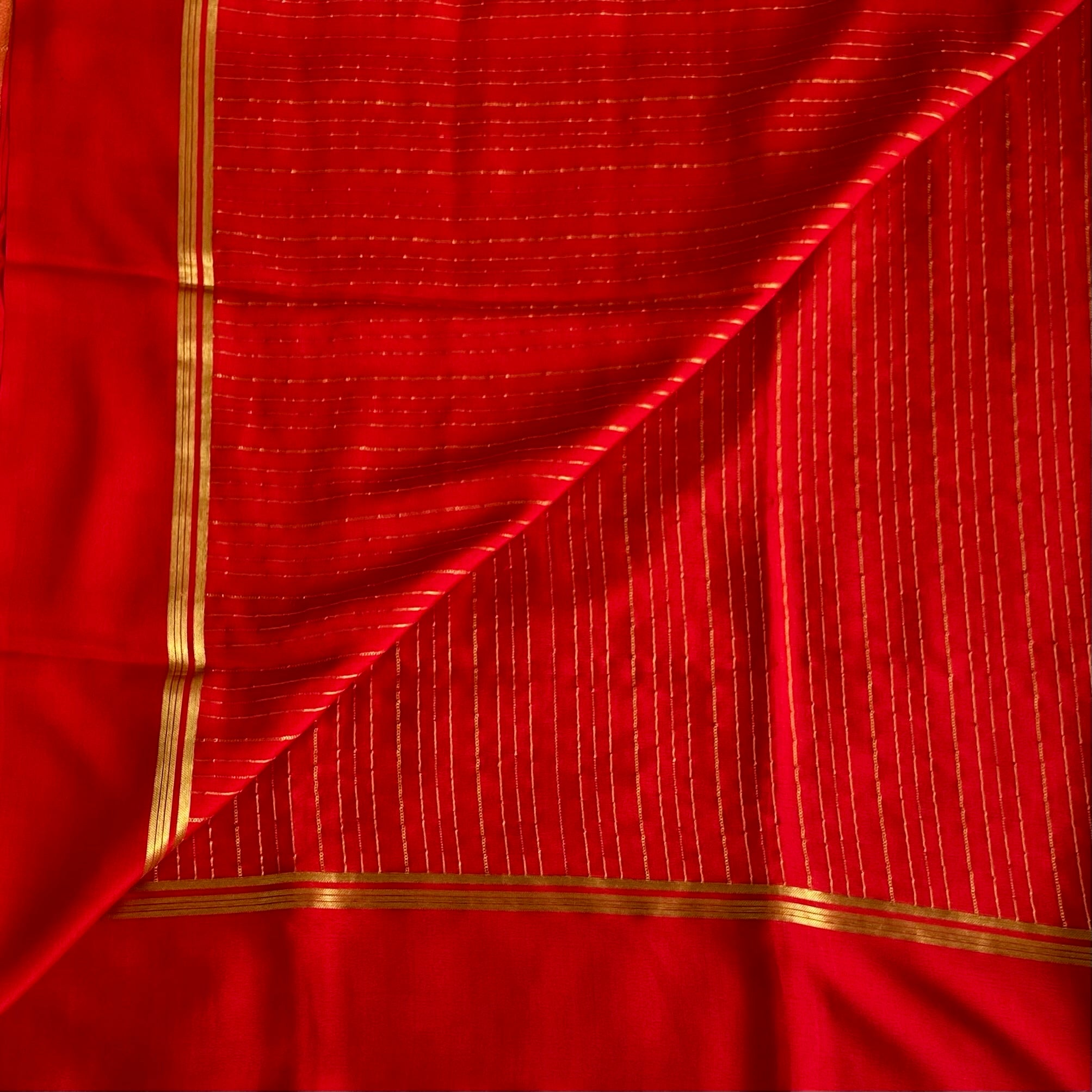 Crimson Red Mysore Crepe Silk Saree With Metallic Gold Stripes