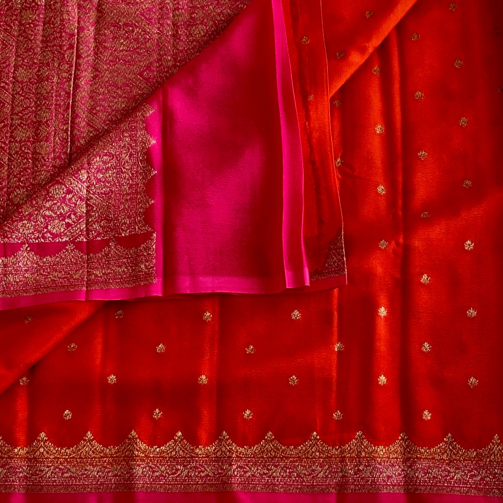 Tangerine Orange Banarasi Crepe Silk Saree With Rani Pink Pallu