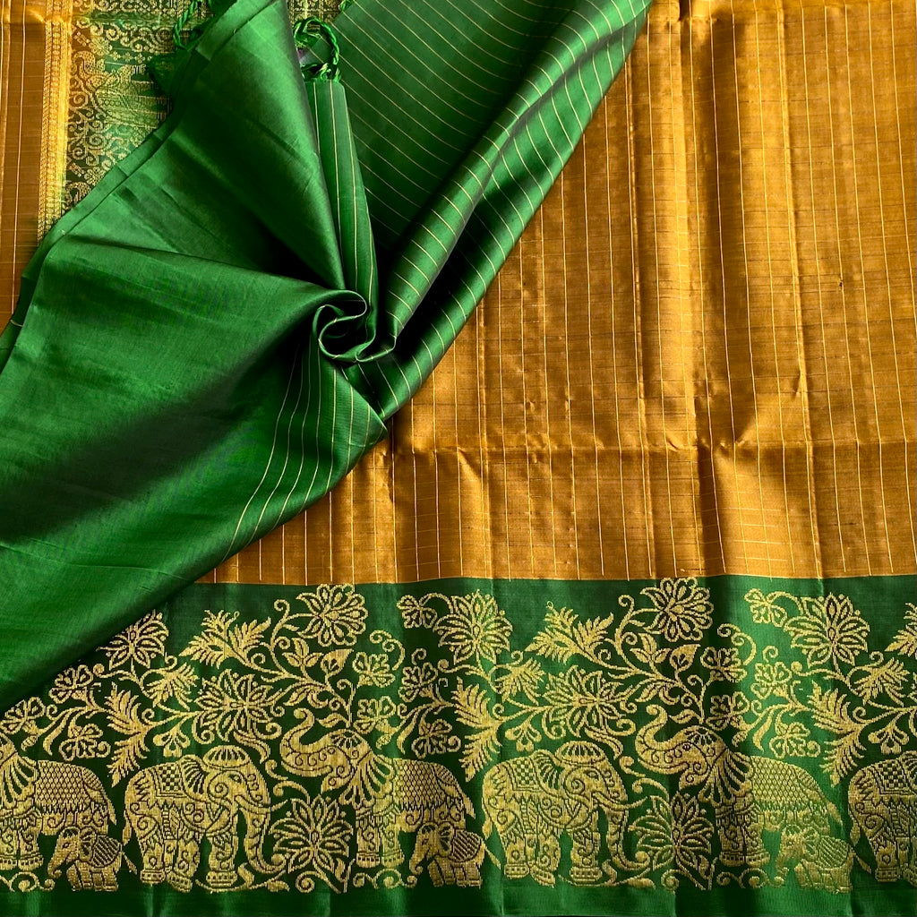 Mustard Gold Designer Pure Silk Saree With Emerald Green Pallu