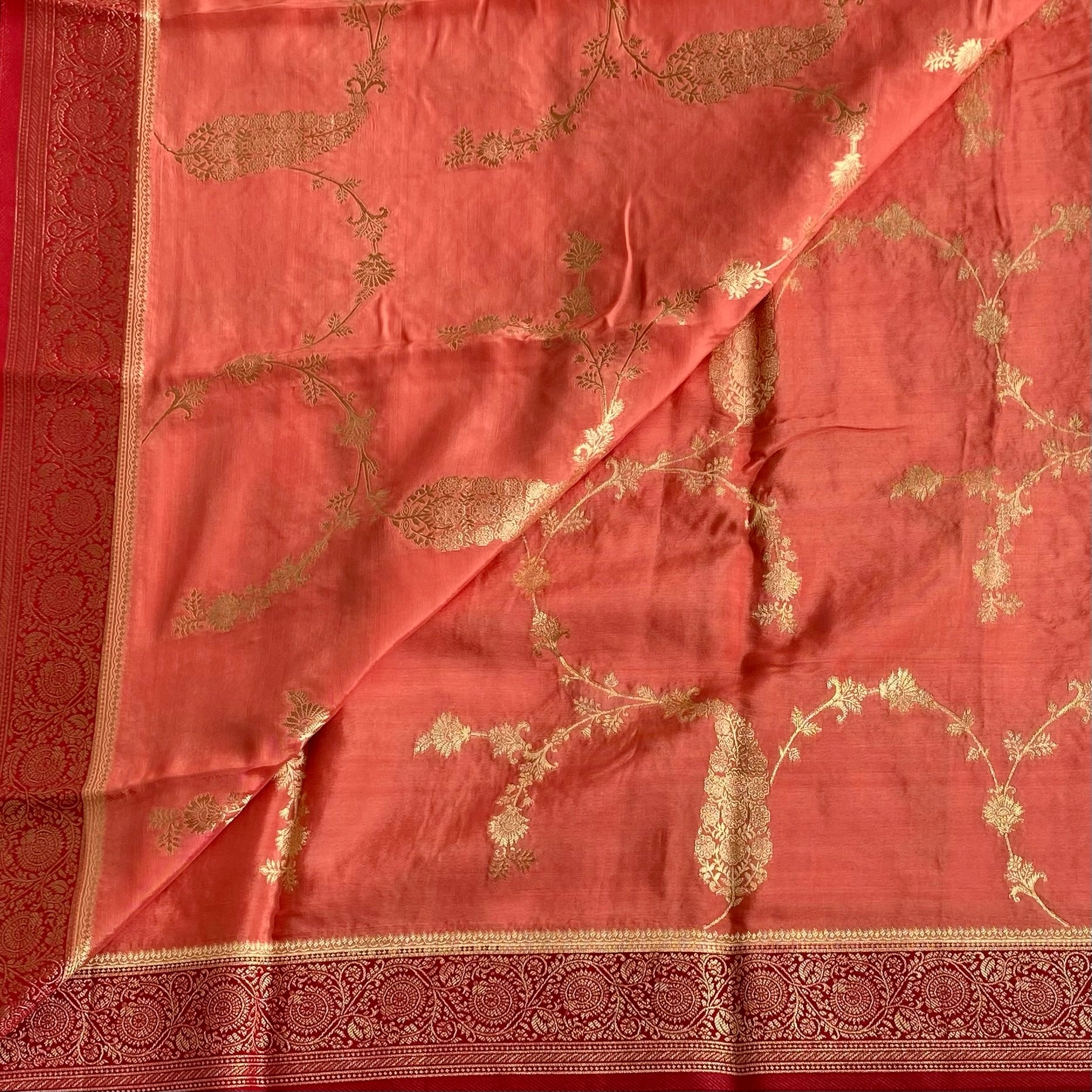 Coral Peach Soft Tussar Silk Saree With Crimson Red Border
